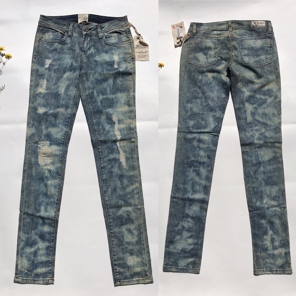 Y2K Low Rise Jeans Distressed Skinny Tie Dye Blue - Picture 2 of 8